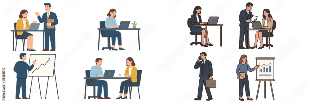 Poster business professionals engaged in various activities in a modern office setting showcasing teamwork 