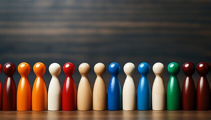 Diverse Row of Colorful Wooden Peg People Representing Unity, Inclusion, Teamwork, and Community on a Dark Wood Background