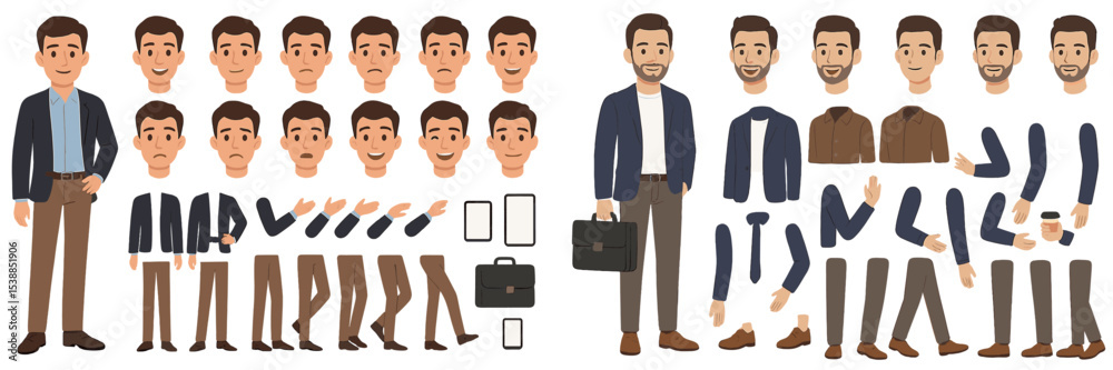 Poster character design sheet showcasing a male figure with various facial expressions and outfit options f