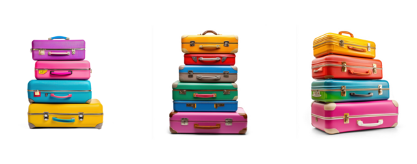 Collection of colorful luggage stacked neatly on top of each other at an airport check-in counter, ready for a trip. isolate on transparent background