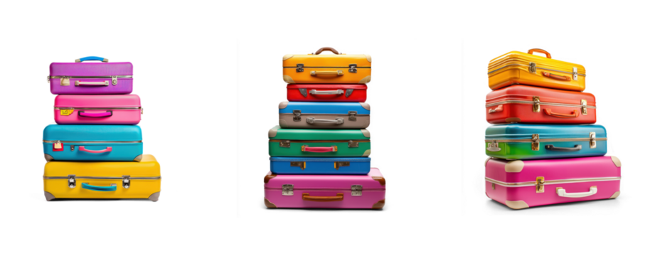 Collection of colorful luggage stacked neatly on top of each other at an airport check-in counter, ready for a trip. isolate on transparent background - Powered by Adobe