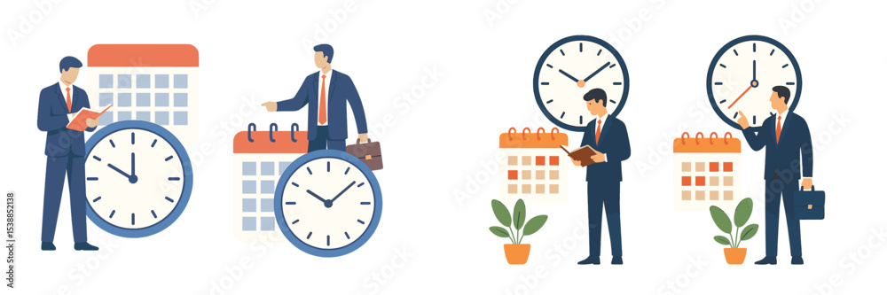 Poster business professionals managing time and schedules with clocks and calendars in a modern office sett