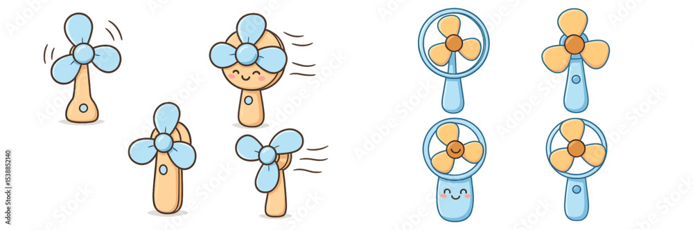 Poster cute cartoon fans in various designs and styles, showcasing a range of expressions and movements in 