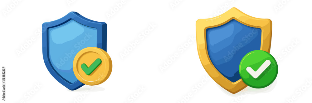 Poster Colorful shield icons with check marks representing security and trust in digital contexts displayed against a white background
