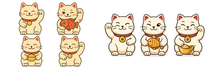 Fototapeta premium Cute cartoon cats displaying various gestures and symbols of good fortune and prosperity in a cheerful design style