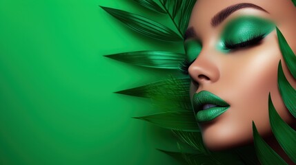Green model advertisement with a striking makeup look featuring bold emerald shades
