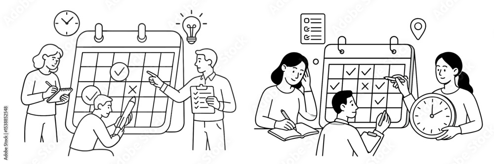 Poster Planning and time management activities with people scheduling and organizing tasks in a collaborative work environment