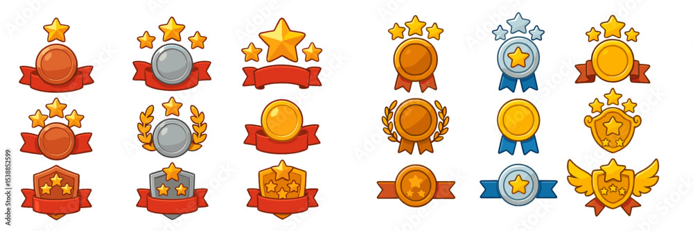 Poster various colorful achievement badges designed for gamification, featuring stars and ribbons in differ