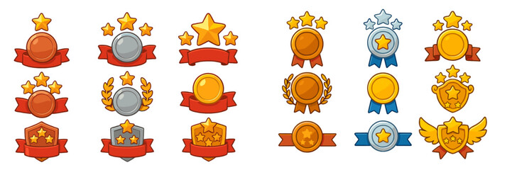 Various colorful achievement badges designed for gamification, featuring stars and ribbons in different shapes and colors