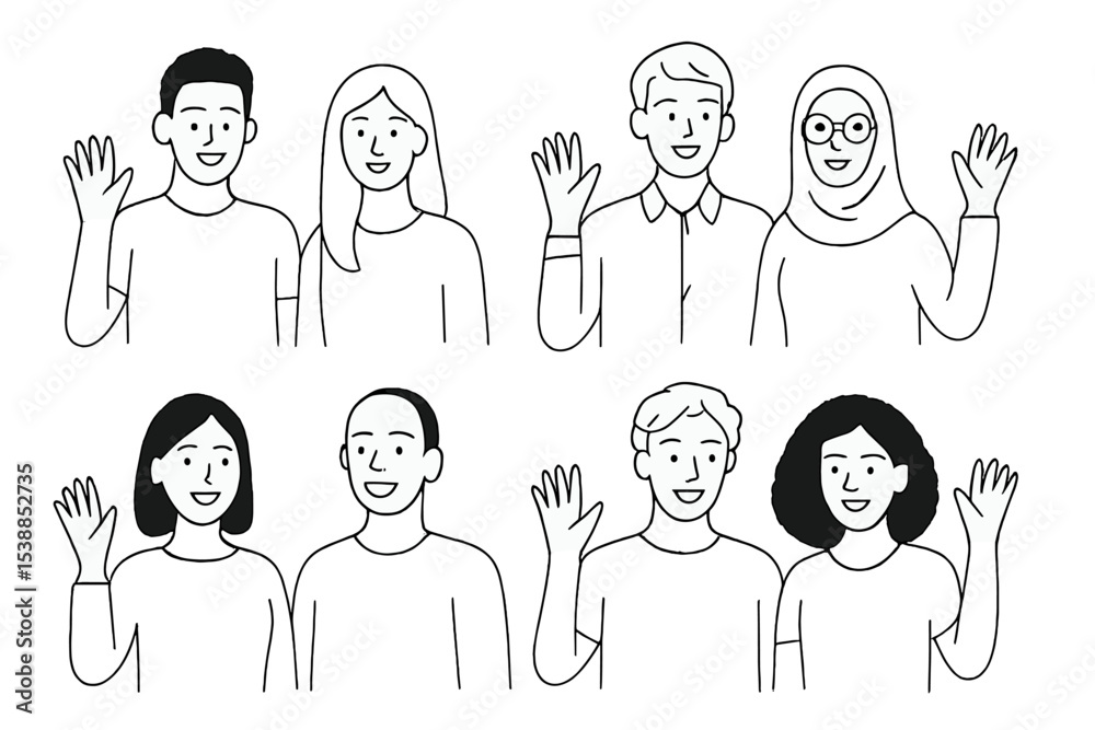 Poster diverse group of people smiling and waving in a friendly gesture during a casual gathering
