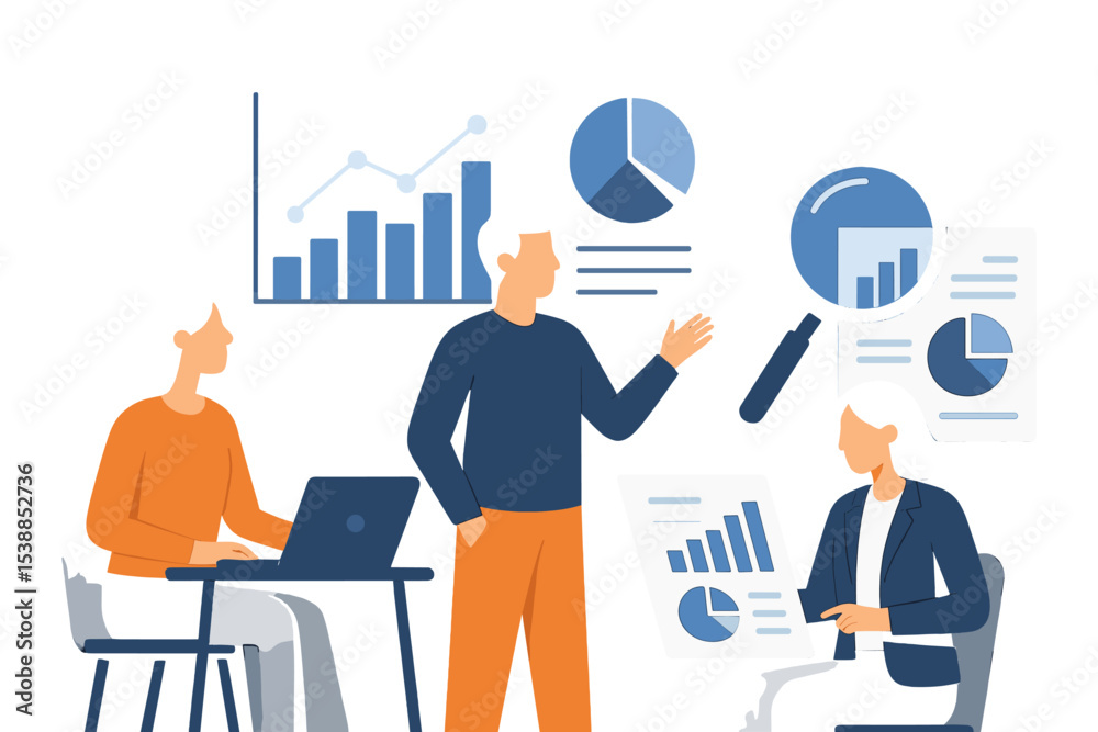 Poster group collaboration on data analysis in a modern office setting during a business meeting