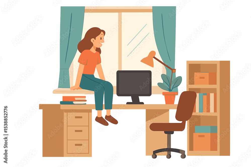 Poster woman sitting on a desk in a cozy workspace with a computer and plants during daylight