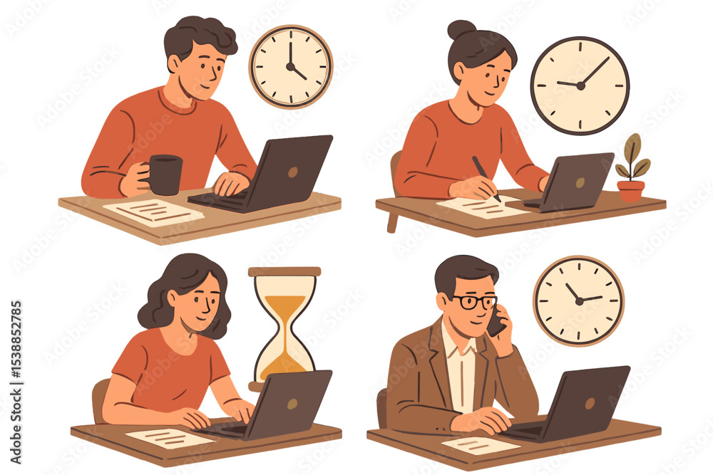 Poster various people engaging in work activities at desks with laptops and clocks in a modern office setti