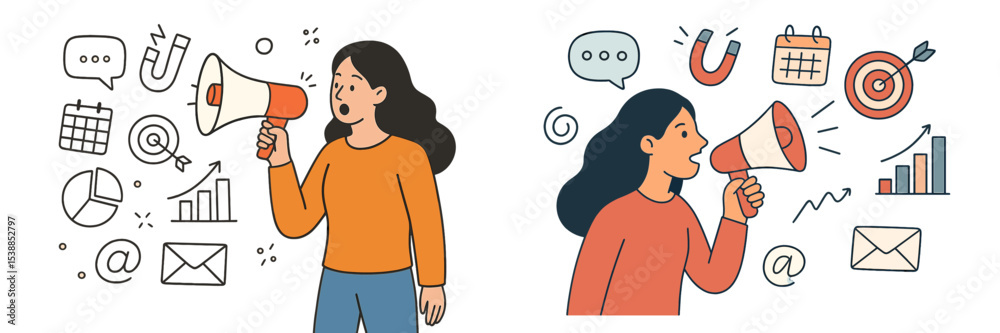 Aufkleber young woman using a megaphone to share ideas in a creative workspace filled with graphics and symbol