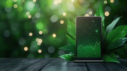 Green finance technology with a tablet displaying investment graphs, blending digital progress with nature