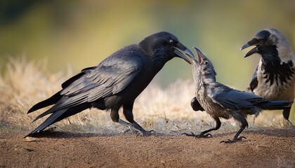 Naklejka premium juvenile crow begs for food from parents