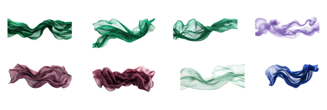 Bold emerald green fabric drifting in mid-air, its waves adding a rich, natural contrast to the simplicity of the transparent background