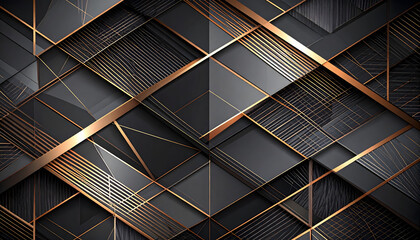 Abstract Geometric Background Dark Grey, Gold, and Silver Intersecting Lines and Shapes
