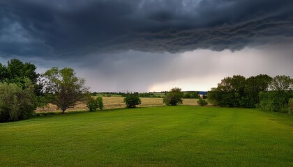 Fototapeta premium Dramatic Storm Clouds Loom Over Green Meadow and Trees Scenic Landscape with Dark Sky and Rain, Weather Photography