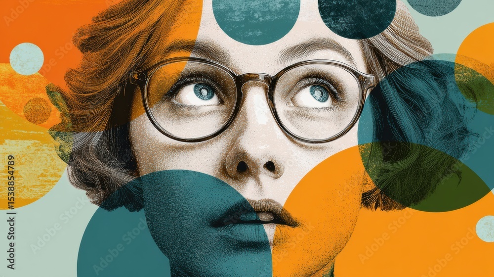 Aufkleber Woman With Wide Open Eyes Contemplating Various Thoughts Represented by Colorful Bubbles in an Artistic Expression