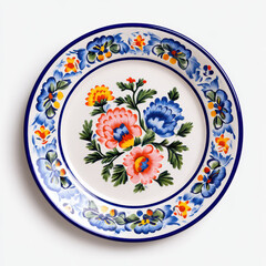 Hand painted ceramic plate with vibrant floral design and intricate blue edge