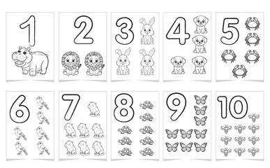 set of numbers. Black and white educational number posters for kids with cute animals. Printable coloring pages for learning numbers 1-10. Perfect for preschool and kindergarten activities. Vector