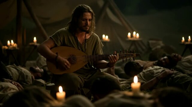 A musician plays a lute in a dimly lit camp, surrounded by resting soldiers and flickering candles