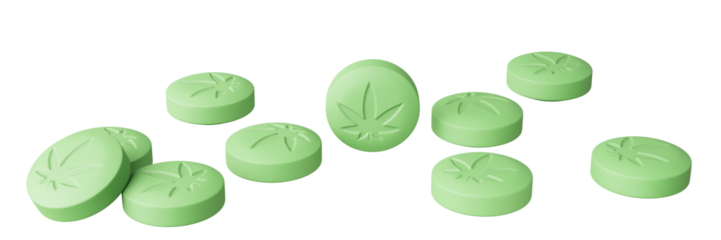 Generic cannabis tablets isolated on transparent background. Medical cannabis programs offer pills with varying THC:CBD ratios for chronic pain, insomnia, or anxiety. 3D illustration.