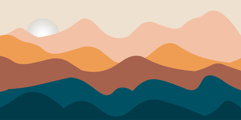 Mountain minimal background vector. Abstract landscape hills with green color, sun, moon. Nature view illustration design for home decor, wallpaper, prints, banner, interior decor.