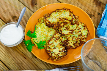 Pancakes from courgettes is tasty vegeterian dish
