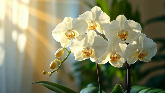 Delicate cream orchids bathed in sunlight