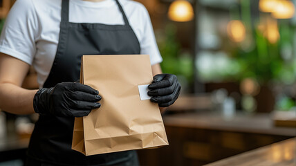 Professional barista in black apron and gloves, holding a brown kraft paper takeout bag with a sticker seal, captured in warm golden cafe lighting