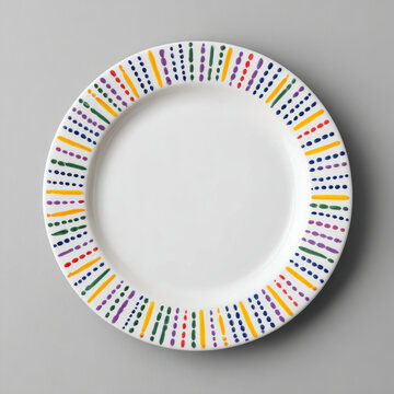 Colorful dotted and dashed border design on white ceramic plate with smooth surface