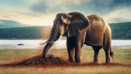 Majestic African Elephant Digging in Dust on the Savannah with a Lake and Forest in the Background, Wildlife Photography, Nature Scene