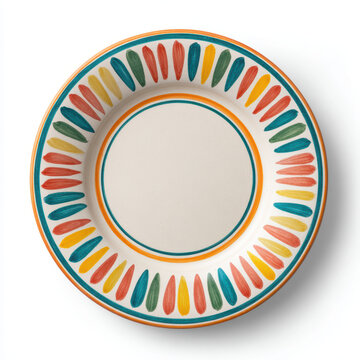 Colorful ceramic plate with sunburst pattern border on white background
