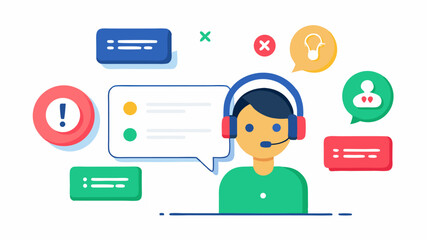 Customer Service Representative Illustration with Interface Elements for Online Support Communication and Technical Assistance Platforms