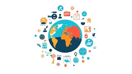 Stylized world map with various related icons arranged in a circle around it