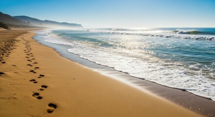 Obraz premium Footprints in the Sand on a Beautiful Sunny Beach