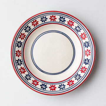 Ceramic plate with hand painted red and blue floral pattern creating rustic and charming look