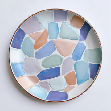Colorful ceramic plate with abstract pastel shapes in soft tones and smooth finish
