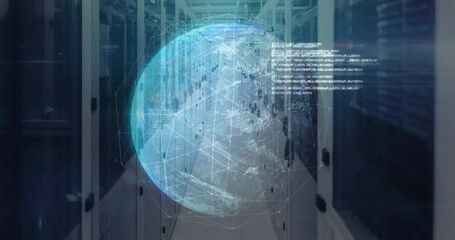 Showing server room hologram globe appearing rotating pulsing links filling clear data panels - Powered by Adobe