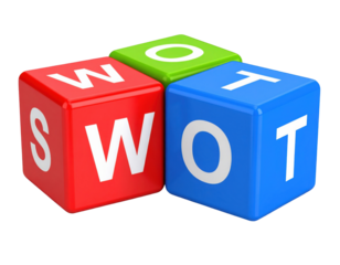 Three colorful cubes spelling out "SWOT" representing the SWOT analysis concept used in strategic planning.
