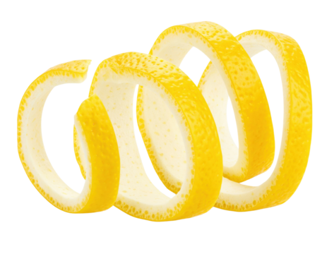 A bright yellow lemon peel spirals in a loose coil, showcasing its textured outer skin and white inner pith.