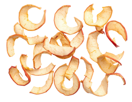 Dried apple slices with curled edges, showing a light beige interior and red-tinged peel. - Powered by Adobe