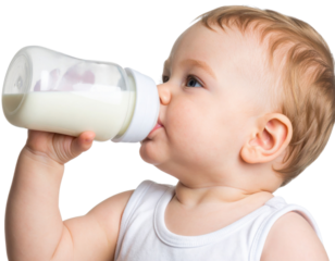 A young baby with light hair drinks milk from a clear baby bottle while wearing a white sleeveless shirt.