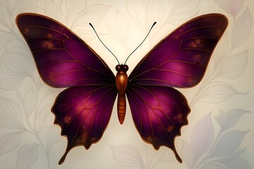Illustration of a stylized, fantastical butterfly in maroon, black and orange