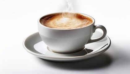 Fototapeta premium a steaming cup of cappuccino placed on a crisp white background