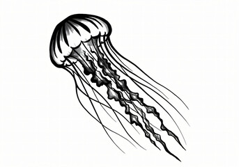 Minimalist black and white jellyfish illustration, Japanese ink art, Zen aesthetic, flowing lines, empty background