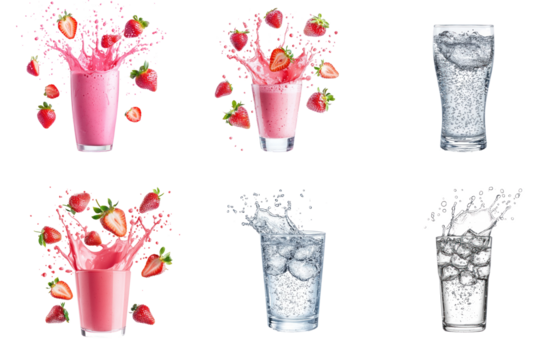 Collection of clear soda splash with bubbles rising and liquid splashing out of a glass, creating a refreshing effect on the white backdrop. isolate on transparent background