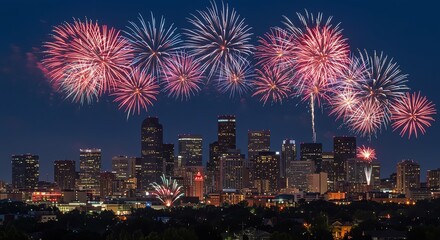 City skyline with fireworks display at night
